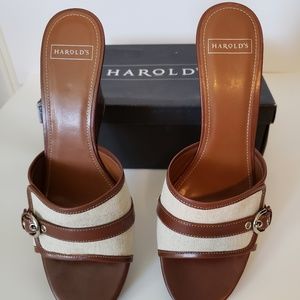 Harold's Brown and Canvas Wedge Slides size 11